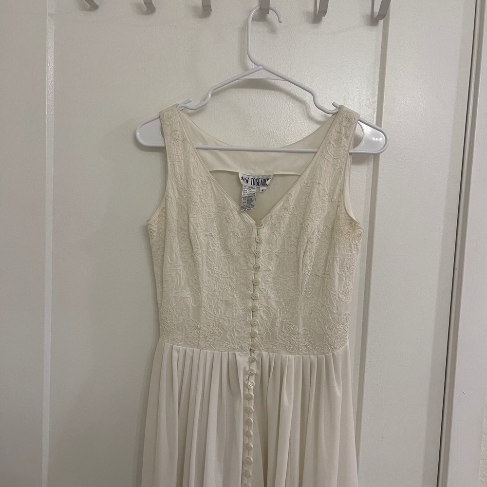 Vintage White Cottagecore Front Button Embroidered Maxi Dress Wedding Boho